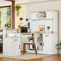 YINGYING L Shaped Desk with Hutch, Modern Corner Desk with Drawers & Bookshelf, Computer Desk with Storage Home Office Desk