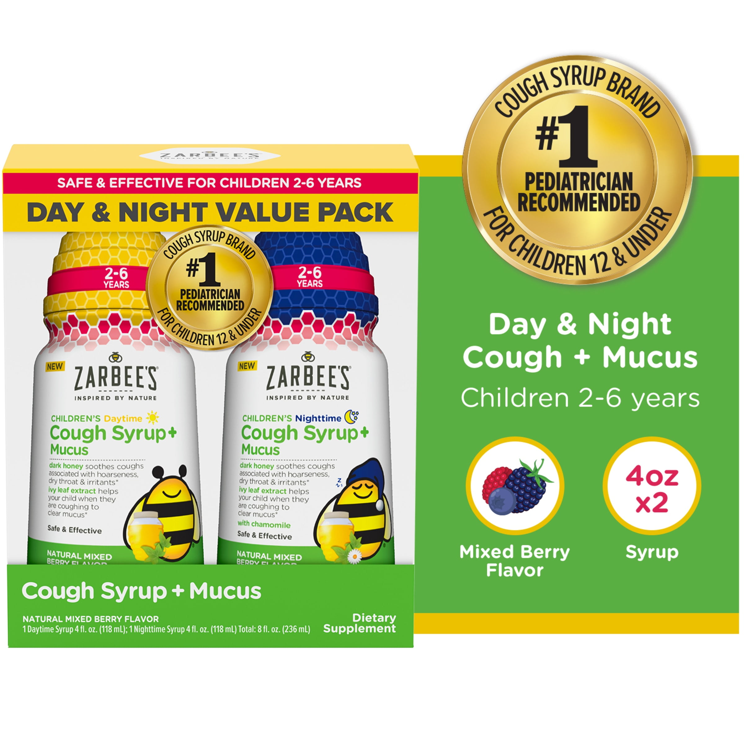 Zarbees Kids Cough + Mucus Day/Night with Honey, Ivy Leaf, Zinc & Elderberry, Mixed Berry, 2x4FL Oz
