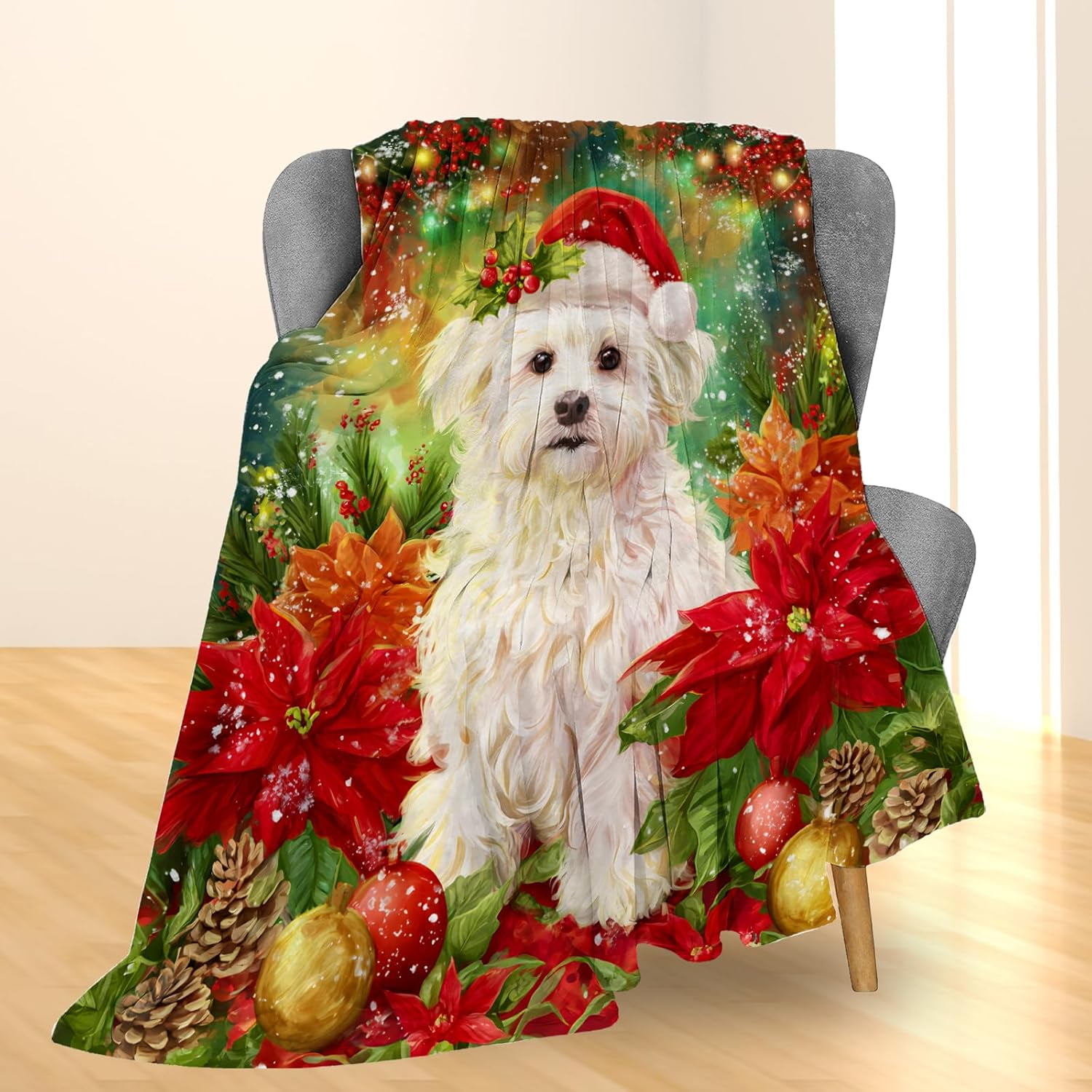 Christmas Dog Blanket, Soft Lightweight Flannel Holiday Maltese Puppy Blanket for Couch, Bed, Travel & Home Decor Gifts, Cozy Warm Winter Blankets for Adults Users Women Women 50×40 in