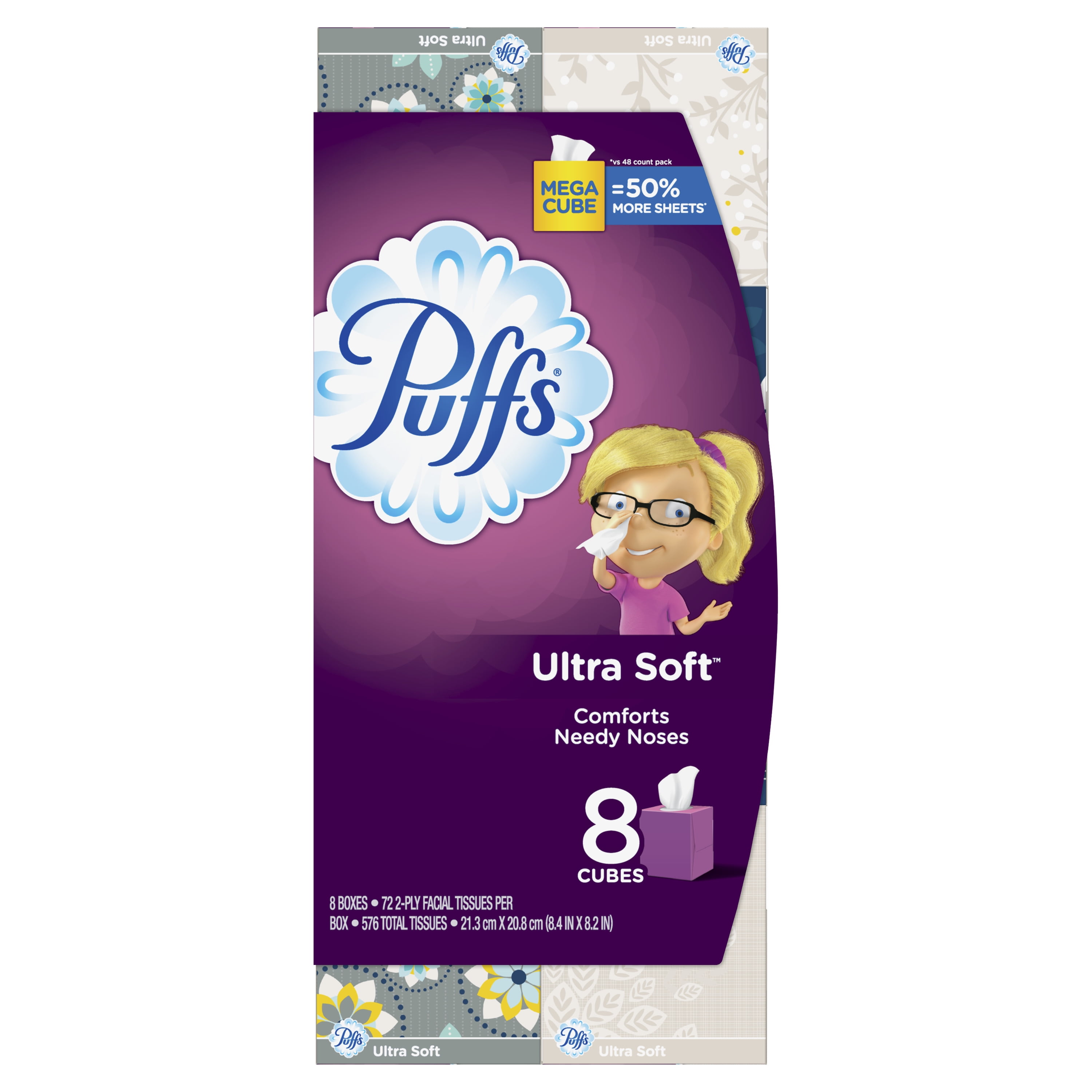 Puffs Ultra Soft Non-Lotion Facial Tissues, 8 Mega Cubes, 72 Facial Tissues per cube