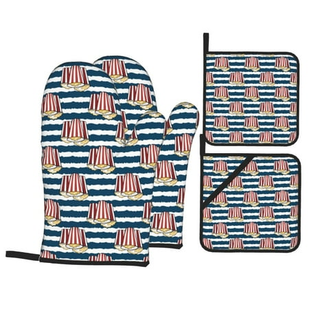 

Oven Mitts and Pot Holders 4 pcs Set Cute Popcorn Stripe Heat Resistant Pot Holders Oven Mitts for kitchen Non-Slip Hanging Loop Oven Glove Potholders for Baking Cooking