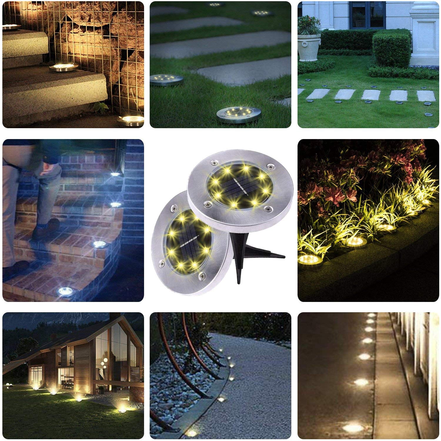 GLUAAE Solar Ground Lights - 8 LED Solar Garden Lights Outdoor，Disk Lights Waterproof In-Ground Outdoor Landscape Lighting - Warm White