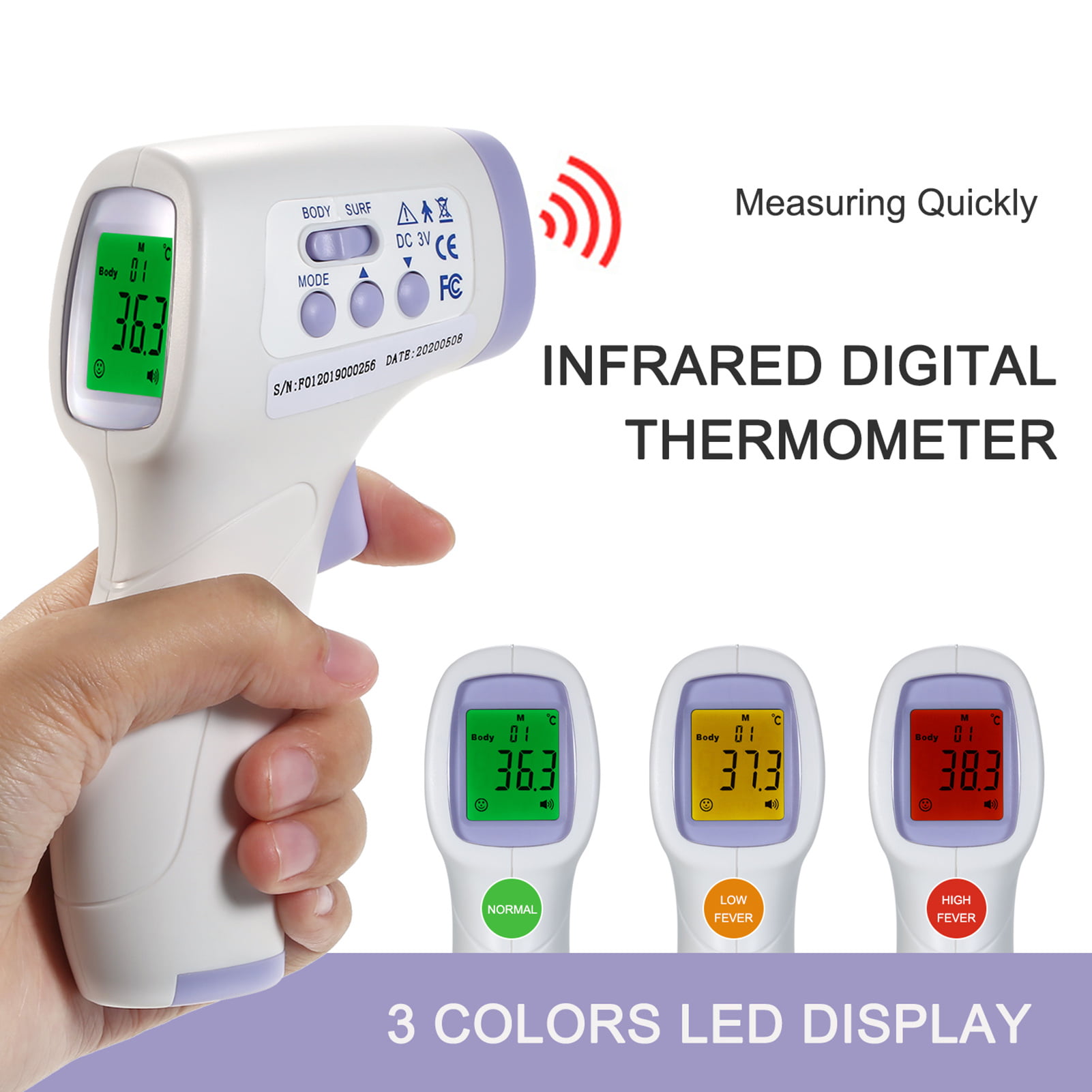 Non-Contact Body Infrared Thermometer for Adults and Kids Digital Forehead . LCD Backlight & Switchable Measure with 3 Function Purple-White Digital Infrared Thermometer Fever Alarm 