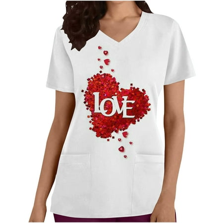 

CYMMPU Women s V-Neck Pocketed Scrub_Tops Nurse Workwear Uniform Clearance Going out Tops Summer Tees Short Sleeve Shirts Trendy Valentine s Day Tunic Love Heart Printing Fashion Tshirts White XL