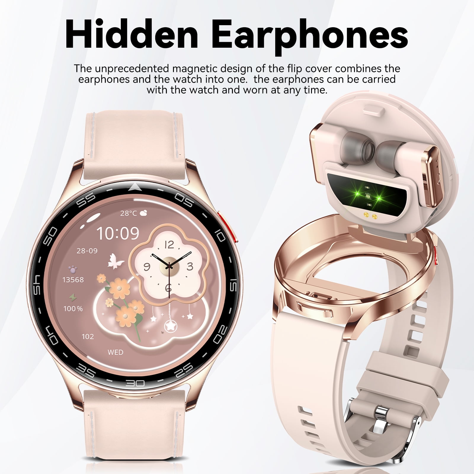 Jelloo Smart Watches for Women, with Earbuds Bluetooth Call 1.39" HD Screen Outdoor Sport Smartwatch, 100+ Sport Modes Fitness Tracker, for iPhone Android