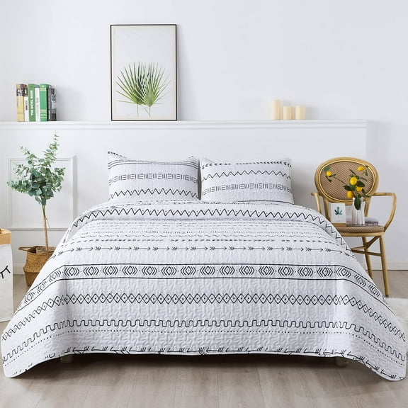Andency Quilt Set for Queen Bed, White Bohemian Printed Soft Lightweight Reversible Bed Spread, Machine Washable Microfiber Coverlet Sets for All Seasons