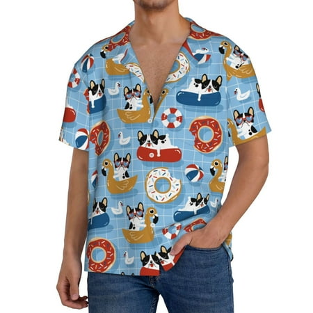 Fuzoiu Dogs With Pool Floats Print Men s Casual Short Men s Short Sleeve Shirt Mens Casual Button Down Shirts Cuban Collar Summer Shirt for Beach Vacation and Outdoor Activities-Large