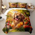 thumbnail image 2 of Homewish Golden Retriever Dog Twin Quilt Set,Tulip Flower Twin Coverlet Set,2-Piece, 2 of 7