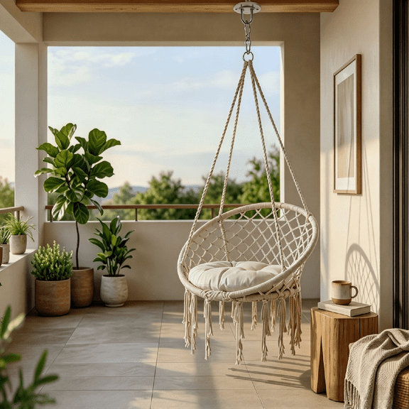 Outdoor Hammock Chair, Patio Hanging Chair 330lbs, Beige Macrame Boho Swing with Cushion for Porch Balcony Backyard Garden