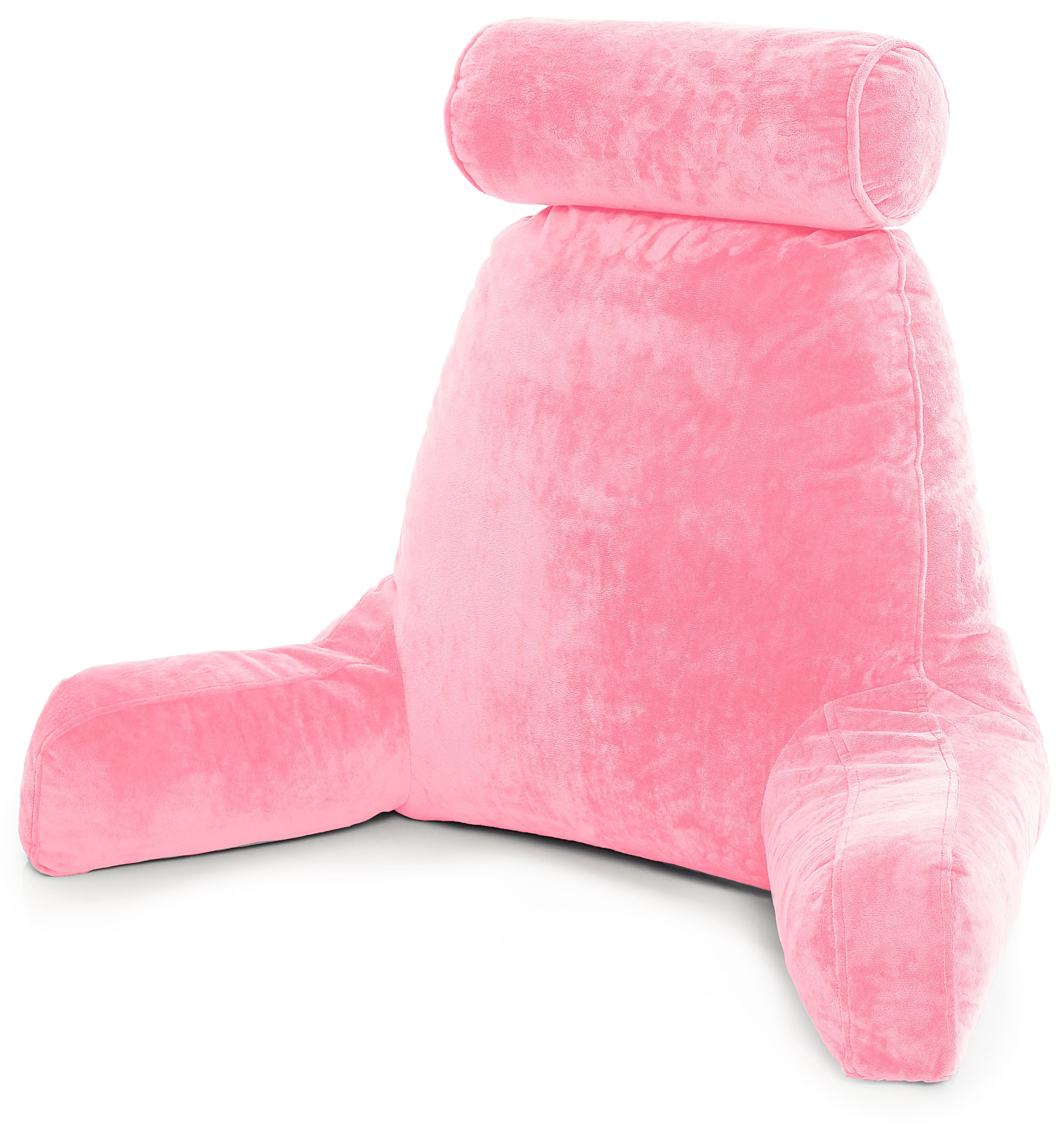 Large Reading Pillow Velvet Bedrest Lounger for Pregnancy with Arm Rest Pink 