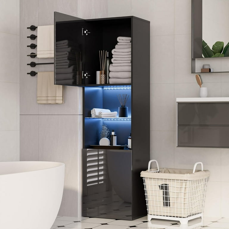 Cozy Castle High Gloss Storage Cabinet with LED Bathroom Storage Cabinet with Open Glass Shelf and Doors Bookcase for Living Room Office Black