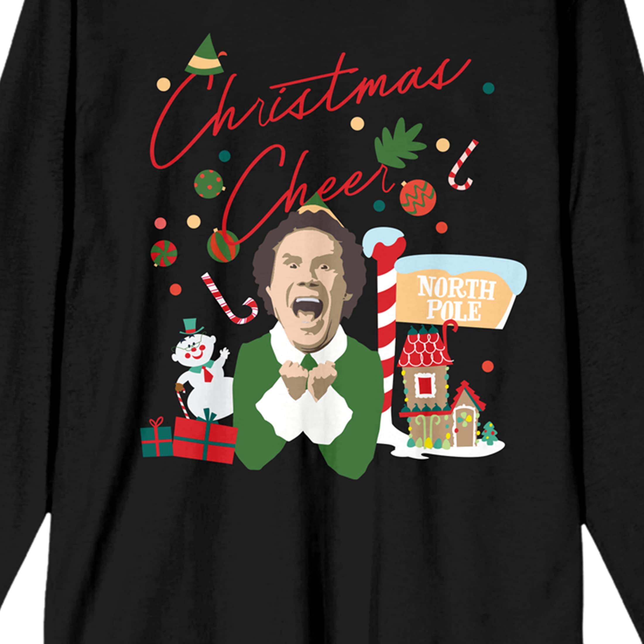 Elf Buddy the Elf Christmas Cheer Women's Black Long Sleeve Crew Neck Tee-Medium
