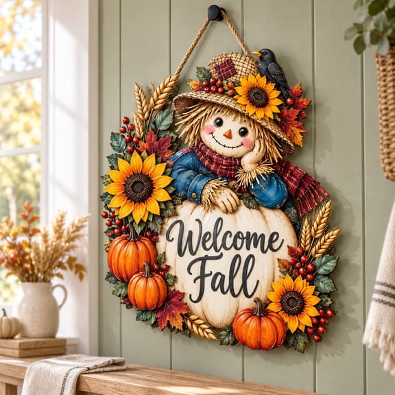 Scarecrow Fall Door Sign Pumpkin Wooden Wreath Front Door Thanksgiving Decor
