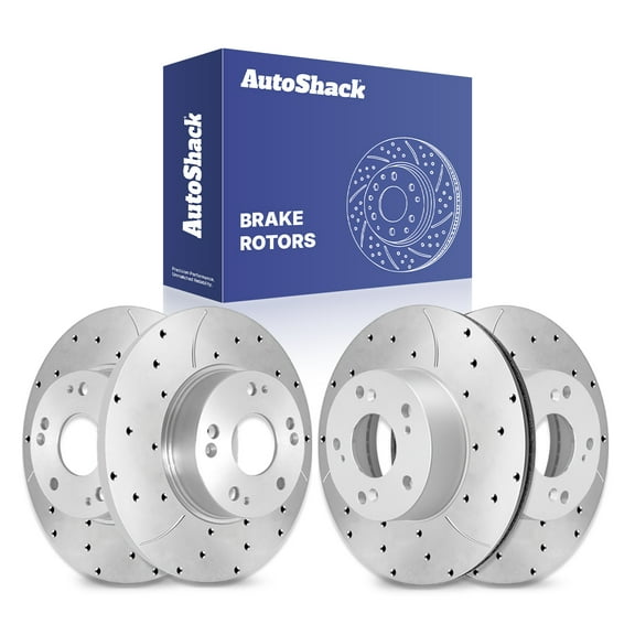 AutoShack Front Vented & Rear Solid Drilled & Slotted Silver Zinc Coated Brake Rotors 4-PC Set Replacement for 2006-2011 Honda Civic SilverShield Pro