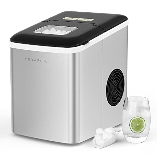 CROWNFUL Máquina para hacer hielo para encimera, 9 cubitos de hielo listos en 7 minutos, cubos de hielo bala de 26 libras en 24 horas, máquina de hielo eléctrica con cuchara y cesta