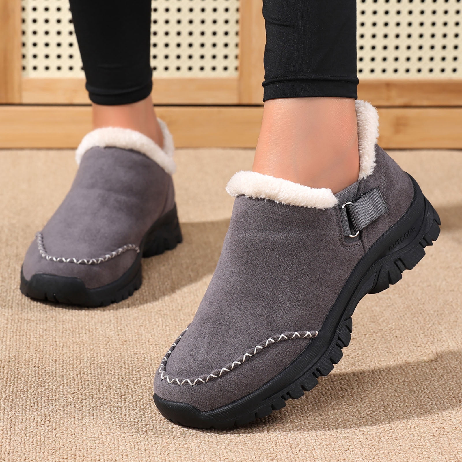 Dakaela Womens Winter Snow Boots Fleece Lined Hiking Slip on Loafers Sneakers Outdoor Plush Short Booties Shoes Grey 9