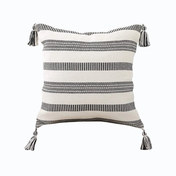 Bomd Boho Outdoor Couch Throw Pillow Covers , Decorative Thick Woven Striped Accent Neutral Pillow Covers with Tassels for Bed Sofa Home Decor, 17.7x17.7 Inch, Black and Cream White
