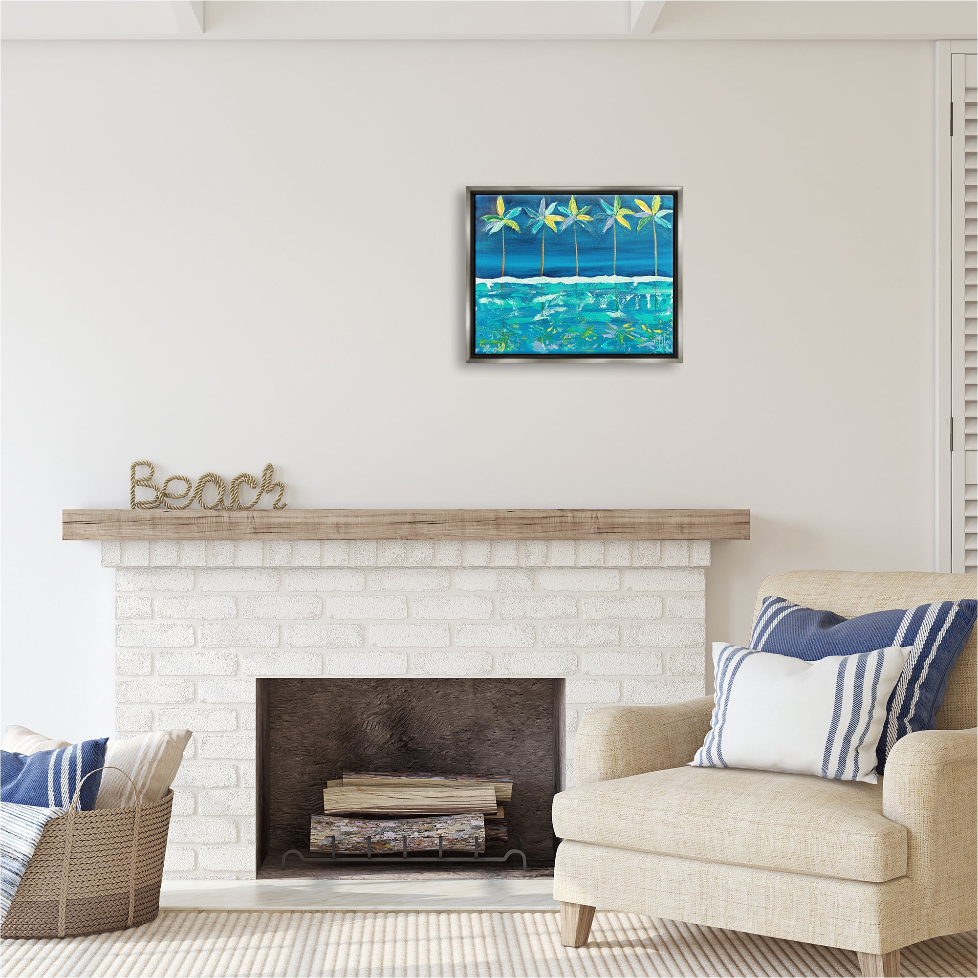 Stupell Industries Blue Abstract Palms Landscape Painting Gray Floater Framed Canvas Art Print Wall Art, 21 x 17