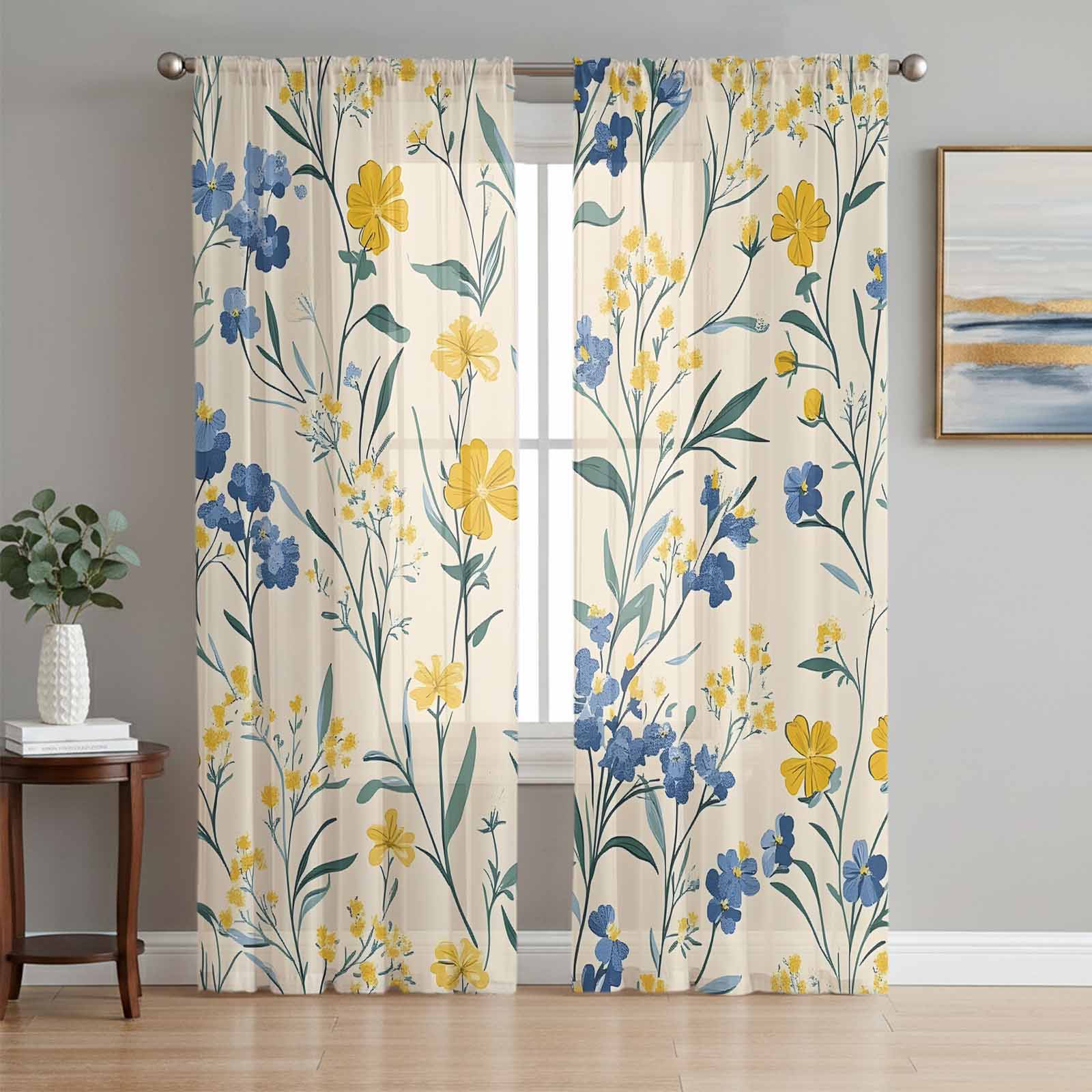 Spring Flower Sheer Curtains 2 Panels Set Watercolor Yellow Floral Vintage Green Leaf Linen Texture Sheer Window Curtains Light Filtering Rod Pocket Voile Drapes for Bedroom Living Room 52"X72"