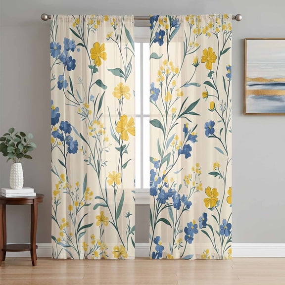 Seasonal Botanical Blooms Sheer Curtains 72 Inch Length 2 Panels Set, Blue Yellow Flowers Voile Window Treatment Rod Pocket Curtains Sheers Drapes for Bedroom/Living Room/Kitchen 52"x72"x2