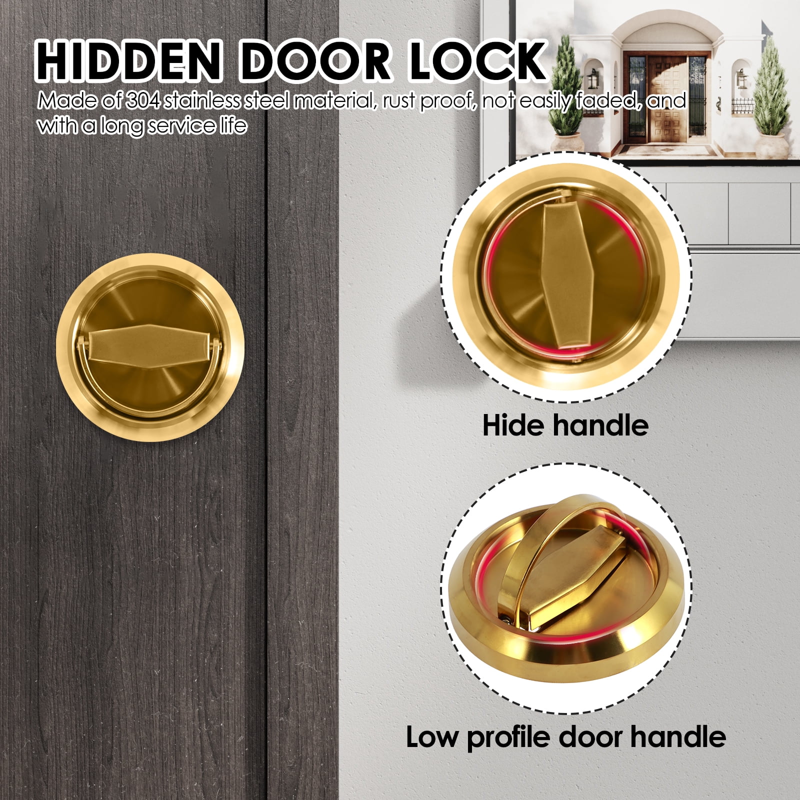 Round Recessed Hidden Door Lock – Stainless Steel Cup Handle Pull With Latch Knob, Keyless Privacy Pull For Pocket Doors (Black