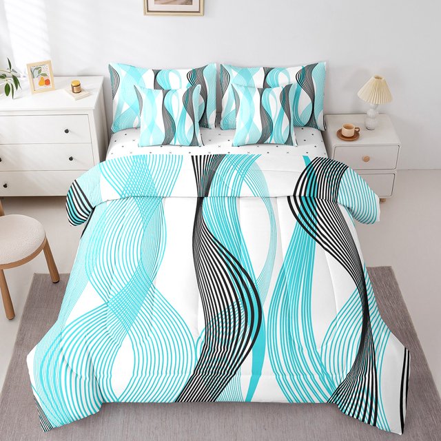 Erosebridal Cyan Abstrait Lit en Sac Taille Grand, Ensemble de Lit Minimalisme Chic, Décor à Rayures Géométriques, Réversible 7 Pcs