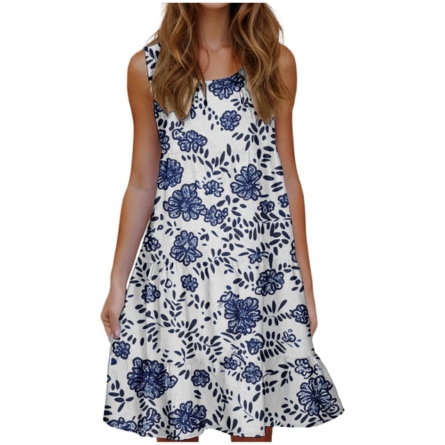 Hyknon Robes d'Été pour Femmes Mode Vacances Boho Imprimé Floral Fête Plage Robes Amples Col Rond Sans Manches Légères Fluides Midi