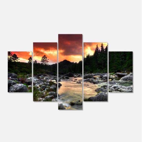 Designart 'Rocky Mountain River at Sunset ' Extra Large Wall Art Landscape