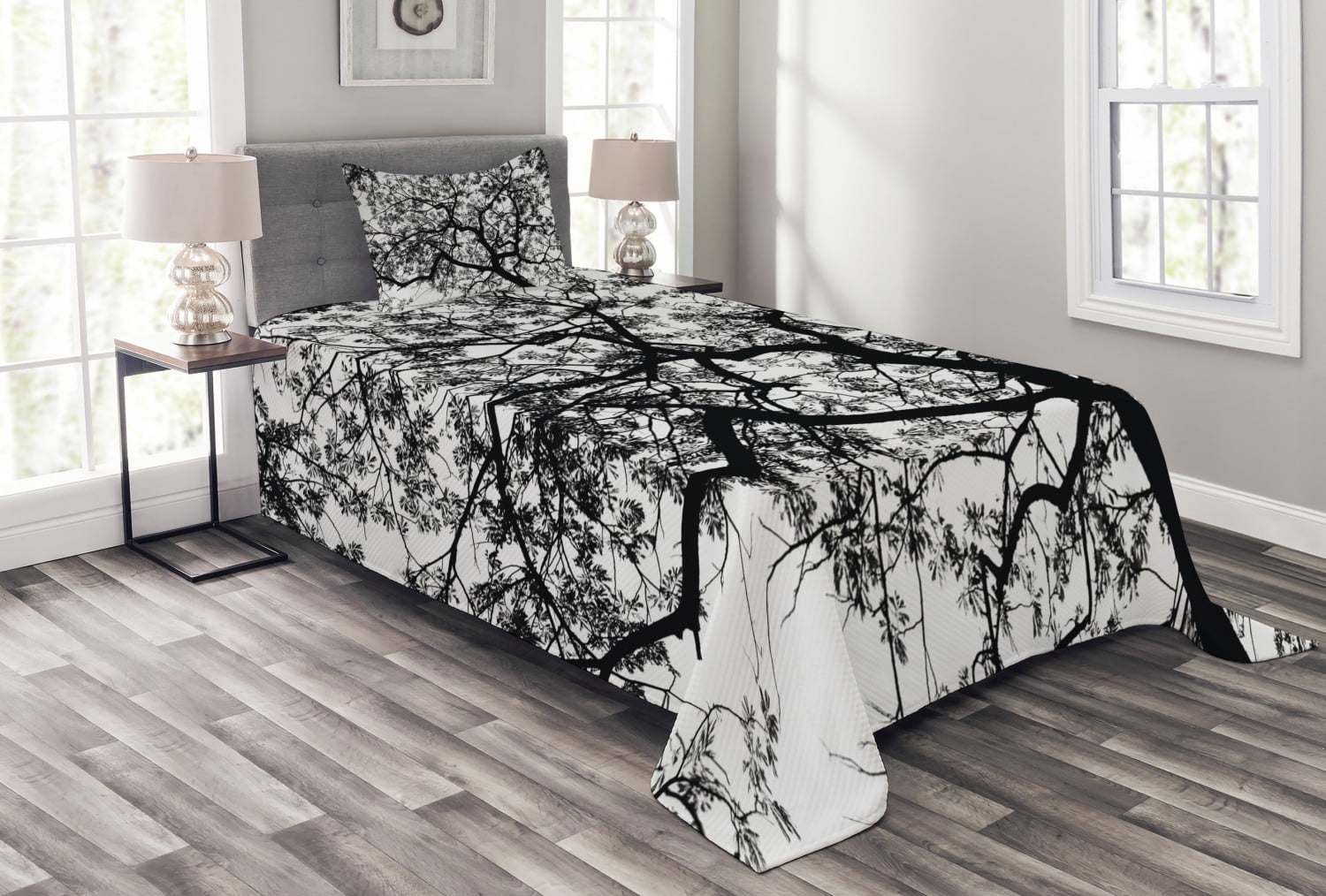 Forest Bedspread Set Twin Size, Forest Tree Branches Modern Design