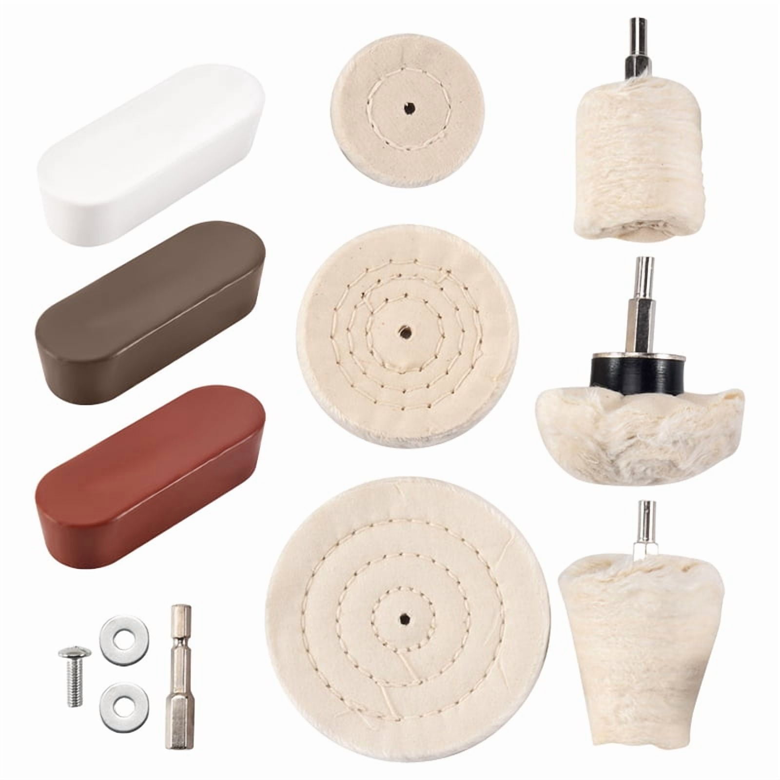 10 Pcs Buffing Pad Polishing Wheel Kits with 3Pcs Rouge Compound with 1/4 inch Handle, for Manifold, Aluminum, Stainless Steel, Chrome,white