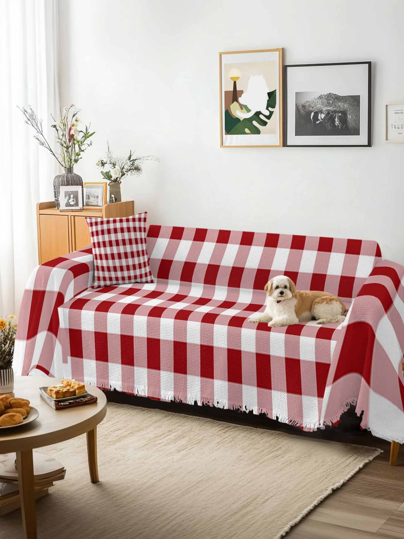 Farmhouse Buffalo Plaid Sofa Covers for 2-3 Cushion Couch L-Shaped Sectional, Red White Checkered Washable Sofa Covers Slipcover for Living Room Furniture, Couch Cover Blanket 71"x134"