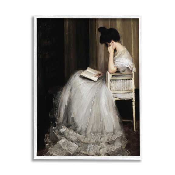 Woman in Gown Reading Portrait Typography Painting White Framed Art Print Wall Art