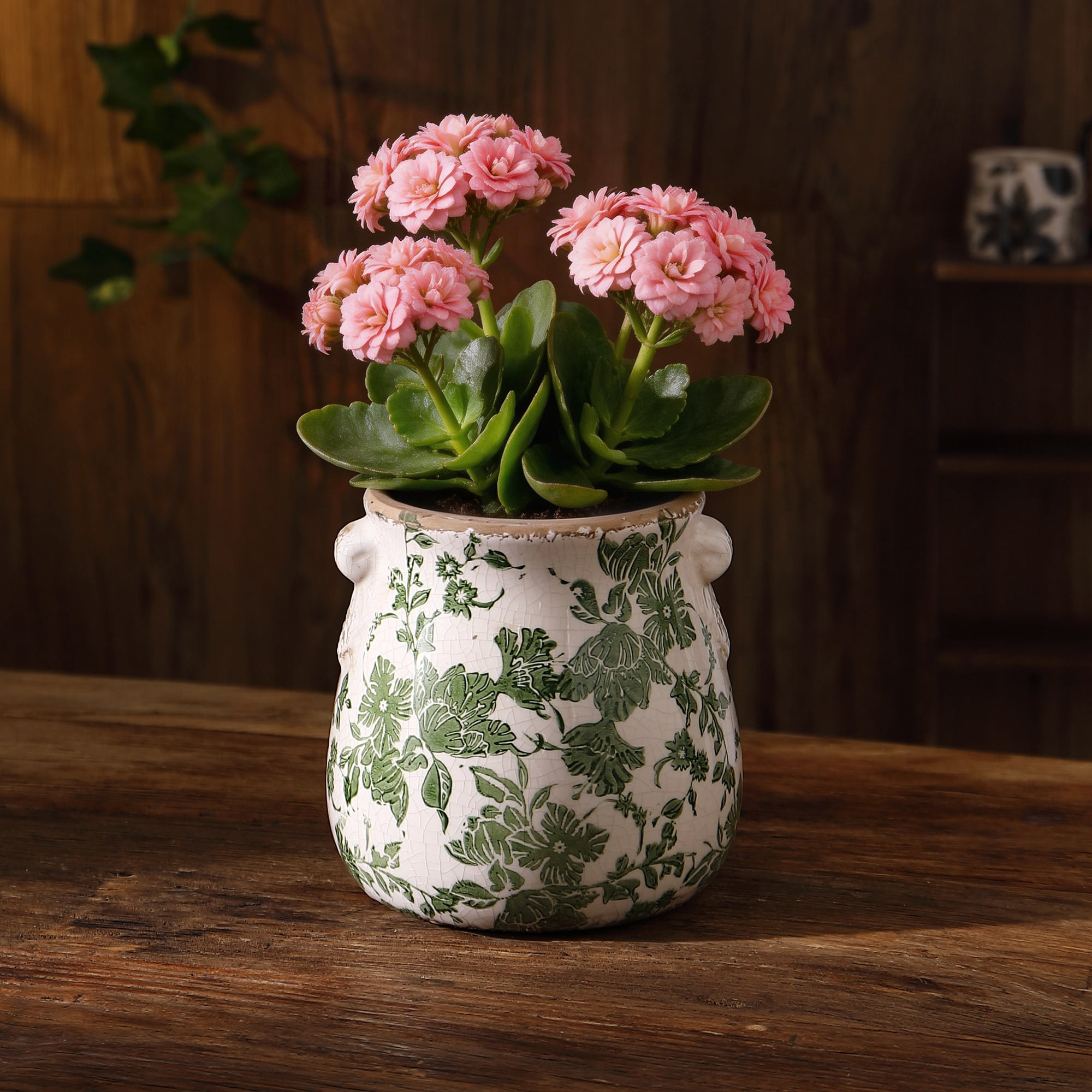 Vintage Ceramic Planter with Drainage Hole – Floral Pot & Plant Vase for Indoor Greenery, Tuscan Gardening Decor, Green Ceramic Planter for Christmas & Home Decor(Green)