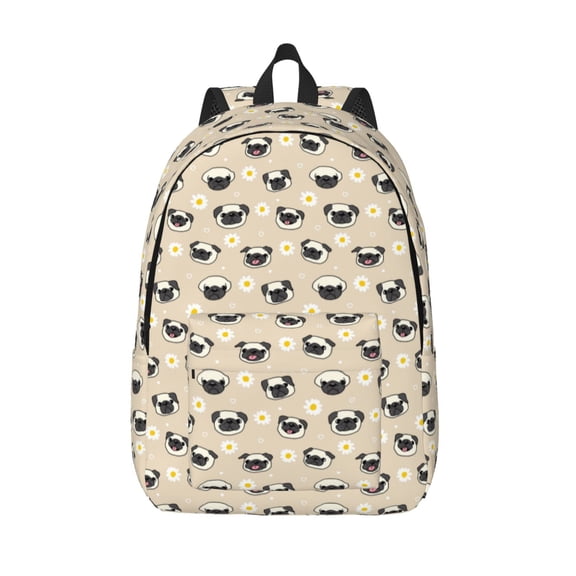 Picia Pug Dog Face Printed Canvas Daypack - Stylish and Durable Vintage Compact Backpack - Class, Work, Travel, or Laptop Bookbag,Organized Compartments-