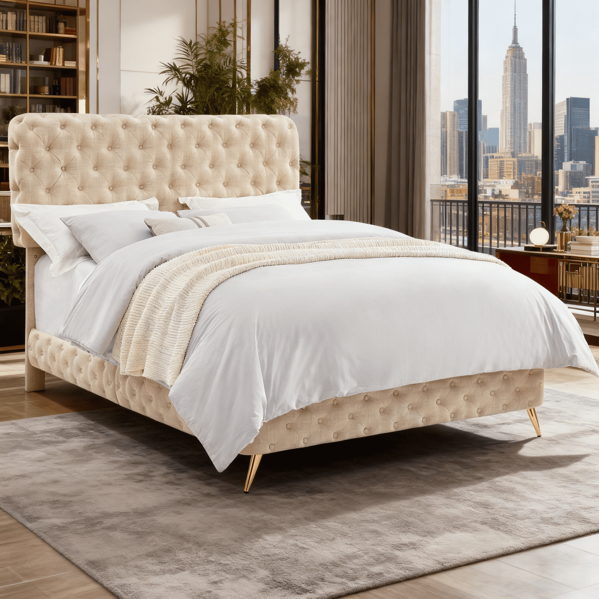 Gewnee Queen Size Bed Frame with Button Tufted Headboard,Upholstered Platform Bed Frame with Adjustable Headboard,Box Spring Required.Beige
