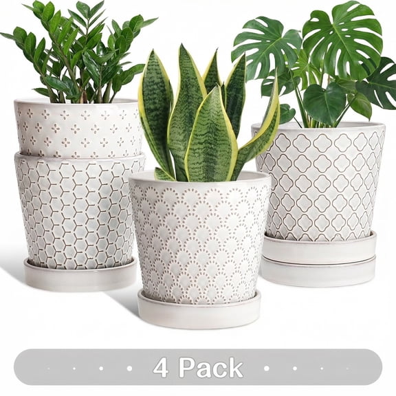 BUYMAX 5" White Ceramic Indoor Plant Pot with Drainage Holes & Tray, Relief Design Small Flower Pots, Set of 4, Modern Desktop Office Windowsill Decor