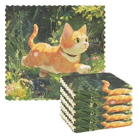 

6 Pieces Thickened Double Polyester Fleece Kitchen Towel - 28x28cm Strongly Absorb Water & Oil Stain Removal，A Oil Painting Cat
