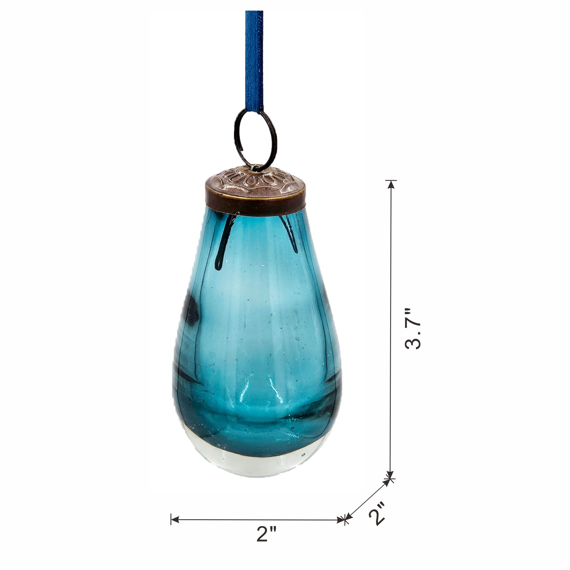 Blue Glass Teardrop Christmas Ornament Set with Brass Cap Modern Art Festive Decor Tree Garland Wedding Backdrop