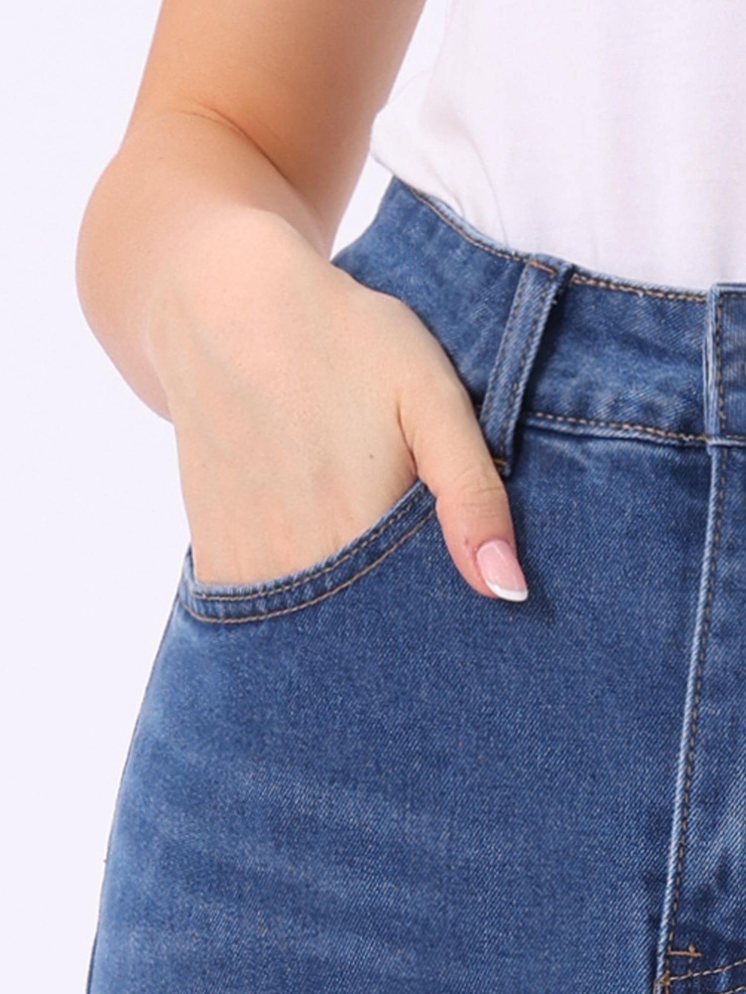 DARING DIVA Women's Denim Split Back Pockets Midi Jean Skirts L Sky Blue