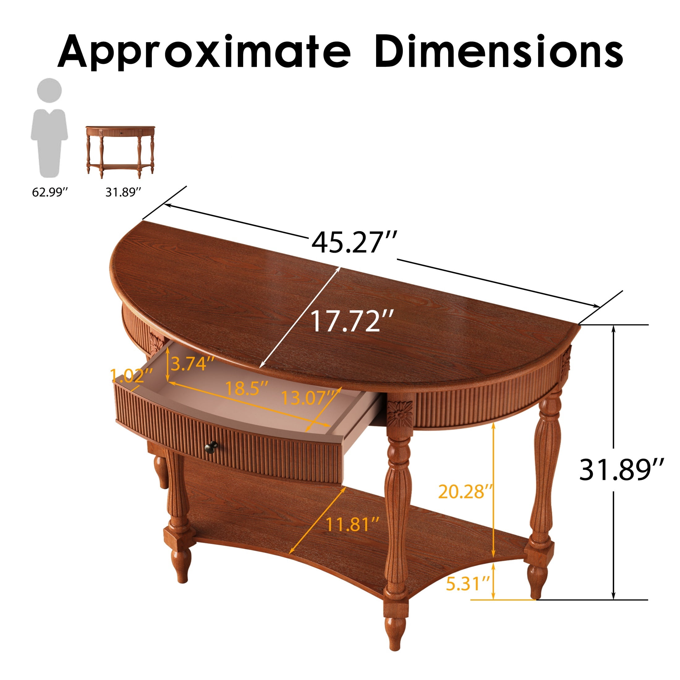 Accent Console Table with Semicircle Tabletop, Drawer & Shelf, Fluted Vintage Entryway Display Table, Sofa Table with Roman Legs