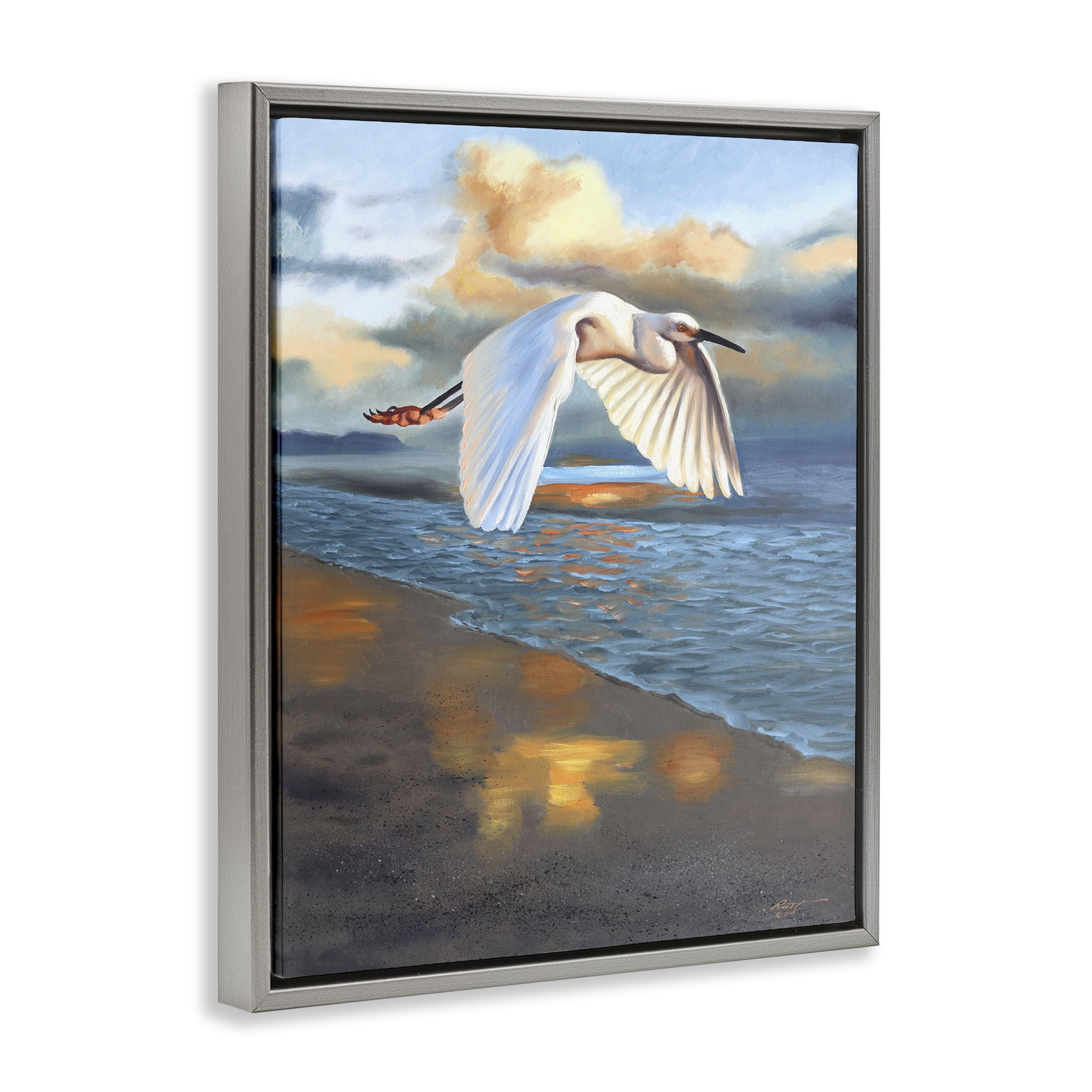 Stupell Industries Egret Wingspan over Beach Landscape Painting Gray Floater Framed Canvas Art Print Wall Art, 17 x 21