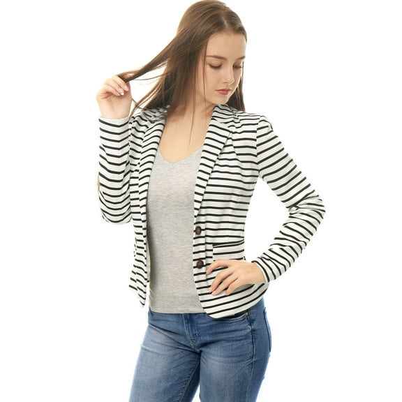 DARING DIVA Women's Striped Notched Lapel Button Closure Blazer XS White