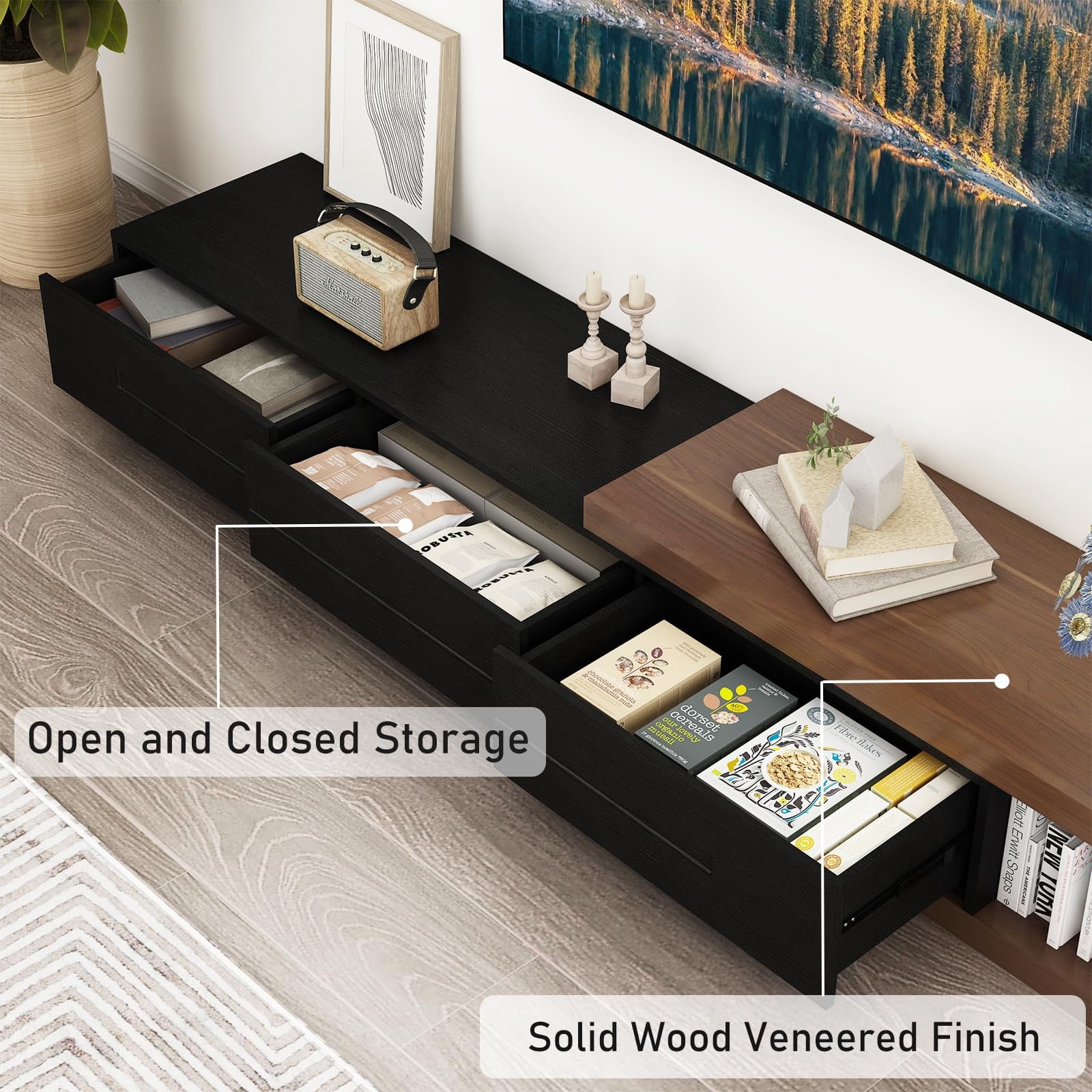 ChVans Extendable TV Stand for 85/100/120 inch TV, 82"-110" Wood Reversible TV Media Console with 3 Drawers, Modern Entertainment Center for Living Room,Bedroom, Black-Walnut