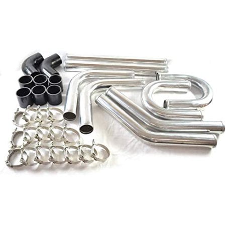 SUNROAD 2.5" 8pcs Universal Aluminum Tube 610MM Polished Aluminum Turbo Intercooler Tube+8 Elbow Hose+16 Clamps