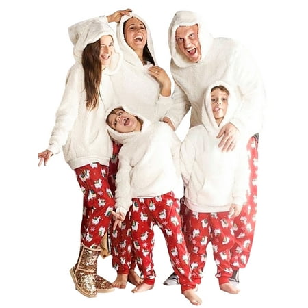 

Family Pajama Christmas Matching Set Holiday Matching Pajamas Pjs Set Plush Hooded Sweatshirt Printed Trouser Set
