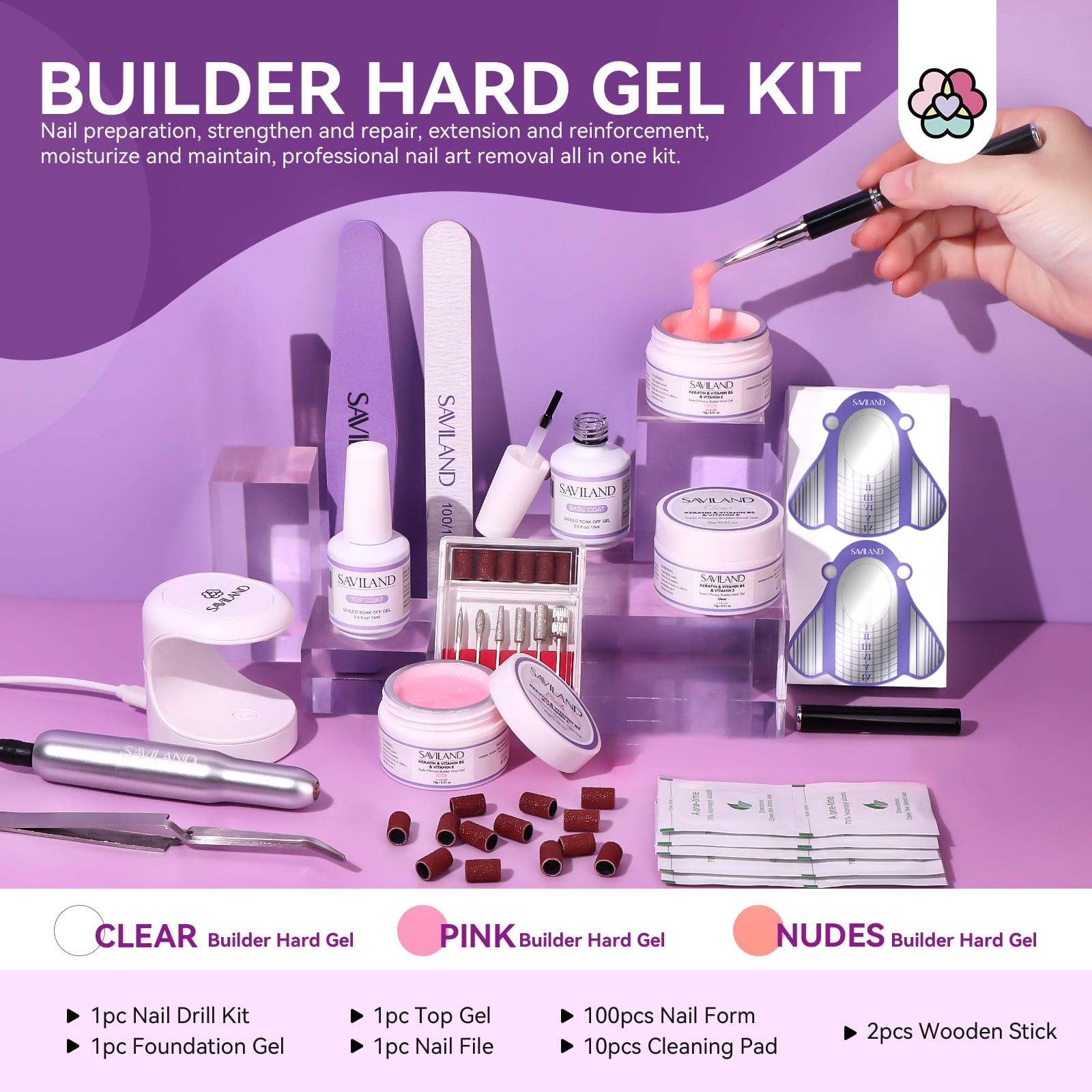 SAVILAND Builder Hard Gel Kit with Nail Drill - 3Pcs Hard Gel(VE&VB5&Kerain) Clear Pink Nudes Builder Nail Gel with Nail Brush Nail Strengthener Gel for Nail Extension Shaping DIY