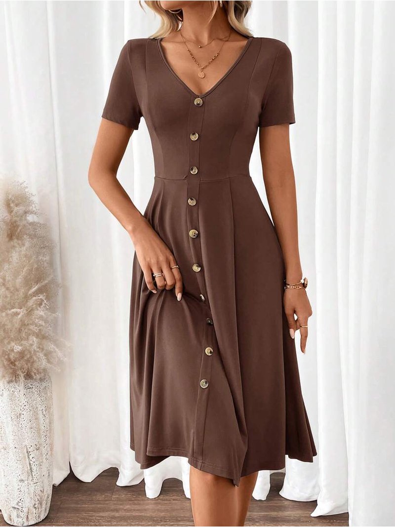 coffee brown midi dress Coffee Brown V-Neck Short Sleeve Fit & Flare Midi Dress With Gold-Tone  Button Front