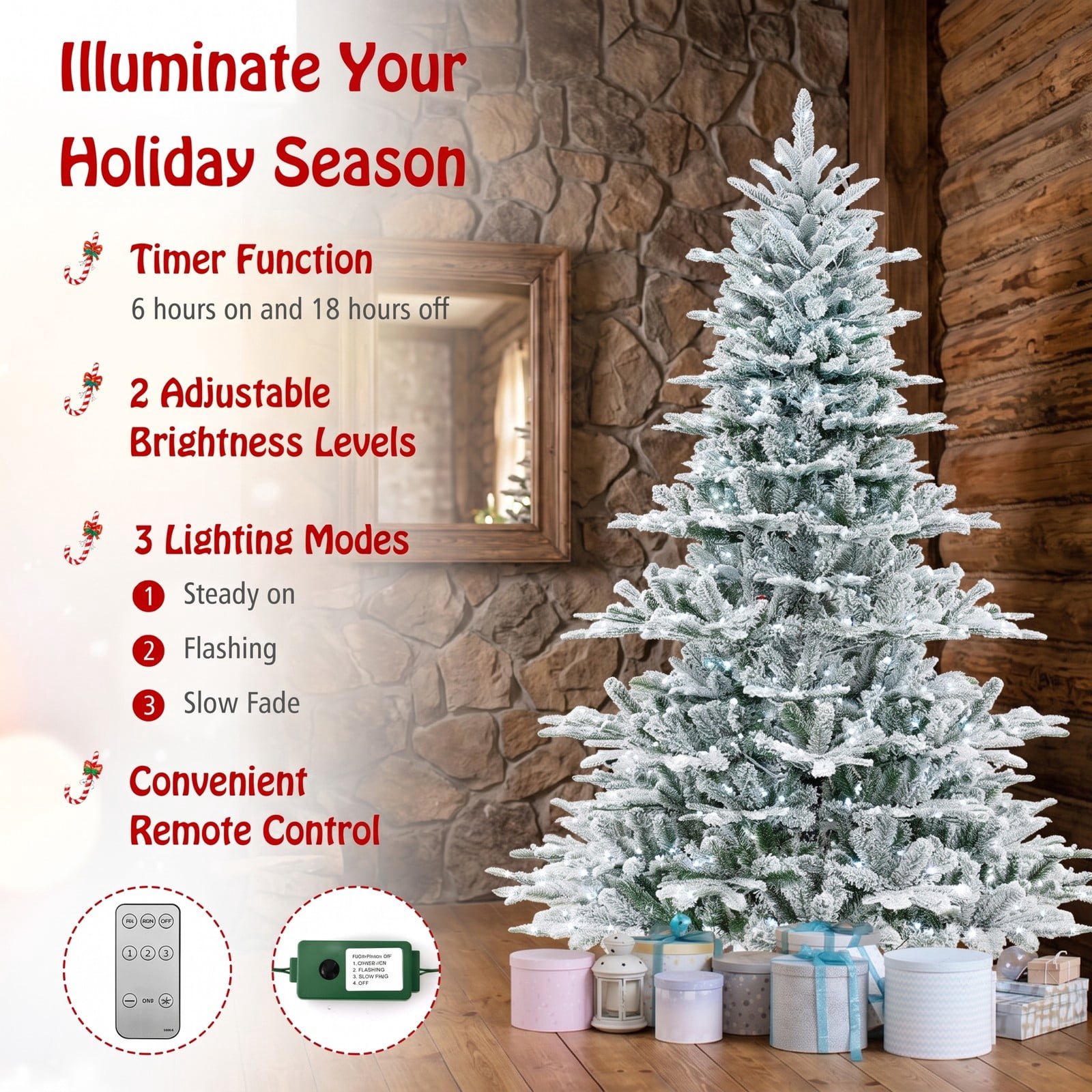 RUIE 7FT Snow Flocked Artificial Christmas Tree, Pre-Lit with 620 Cool White LED Lights, Remote & Timer, Hinged Metal Stand Holiday Tree, Green & White