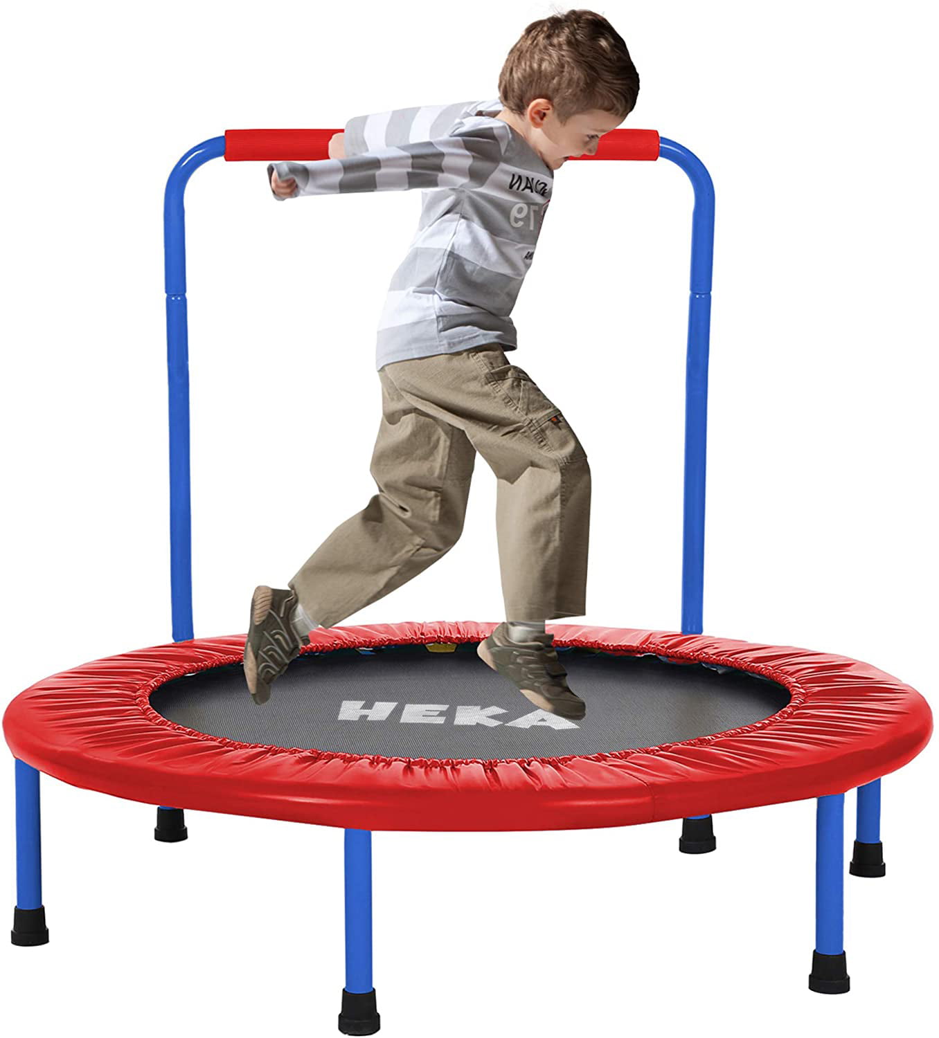LBLA 38 Mini Trampoline for Kids 3-10 Adjustable Handrail and Safety Padded Cover Foldable Bungee Rebounder Portable Kids Trampolines Exercise Indoor/Outdoor 