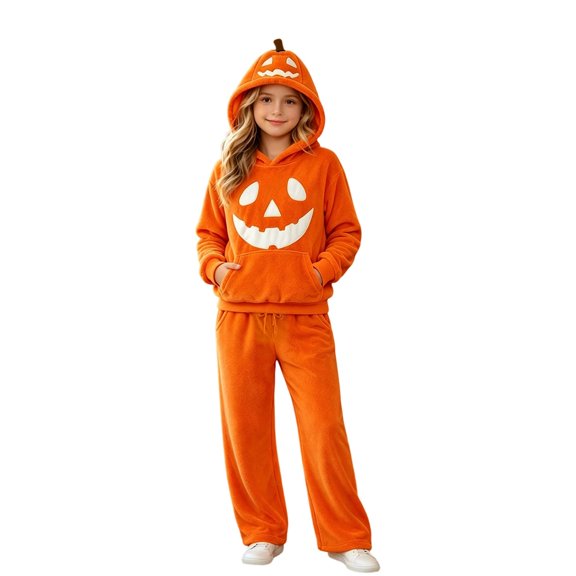 Gaexia Girls Halloween Hoodie and Pants Set Pumpkin Print Outfit Cozy Fall Festive Wear for Kids Back to School Tracksuit